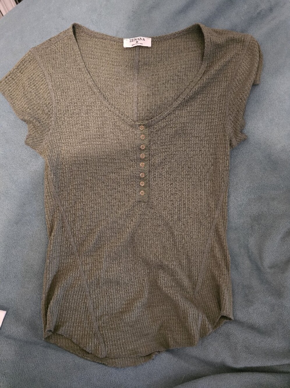 Zenana Olive Green Short Sleeve Henley Top